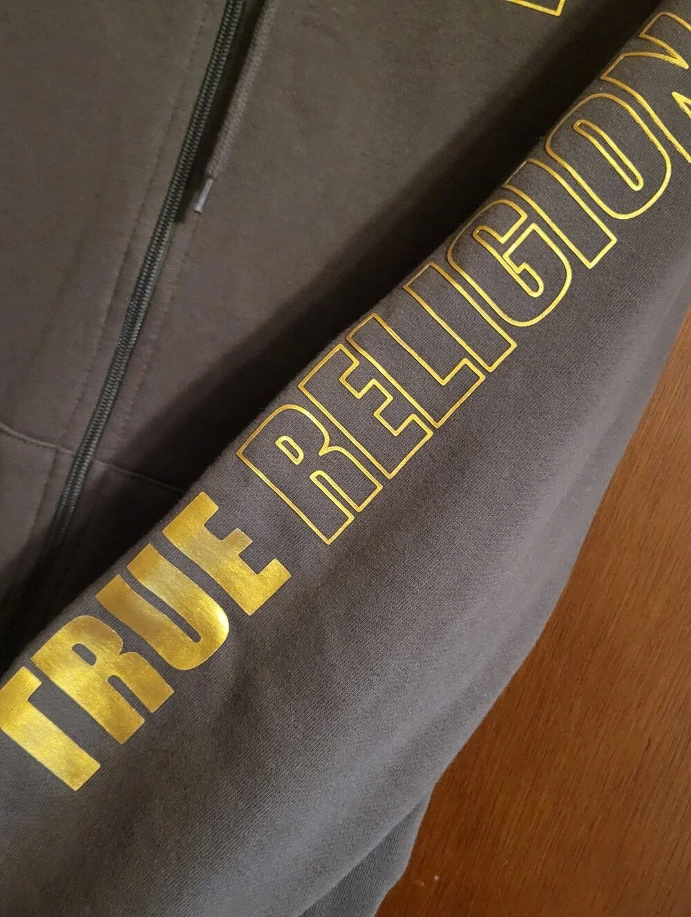 True Religion High Density Logo Zip Hoodie Mens Medium Olive Green Long Sleeve